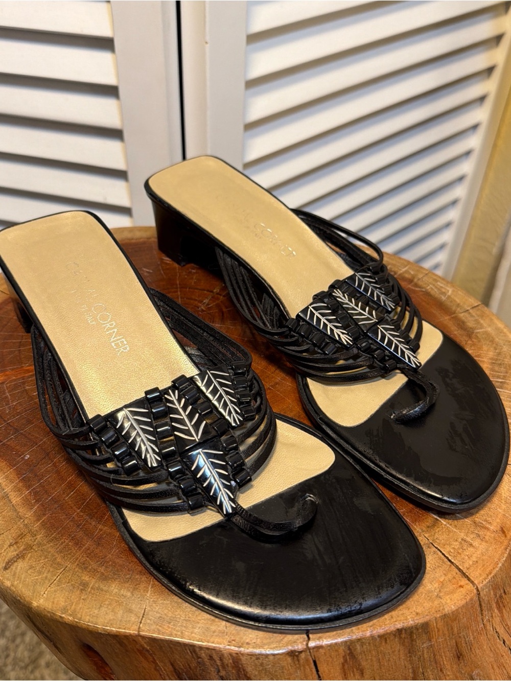 Casual Corner Black Strappy Beaded Thong Mules